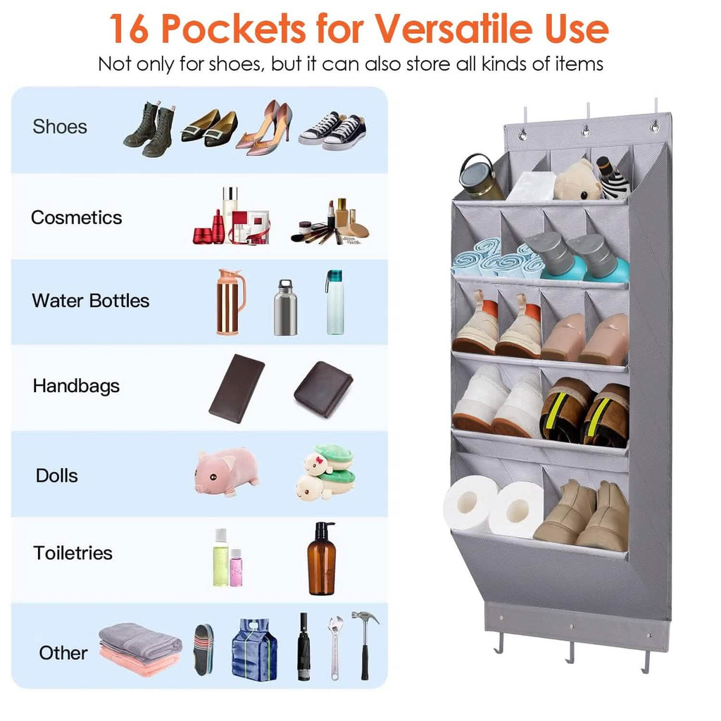 Over-The-Door Shoe Organizer – 16 Pockets & 6 Hooks, 5 Tiers
