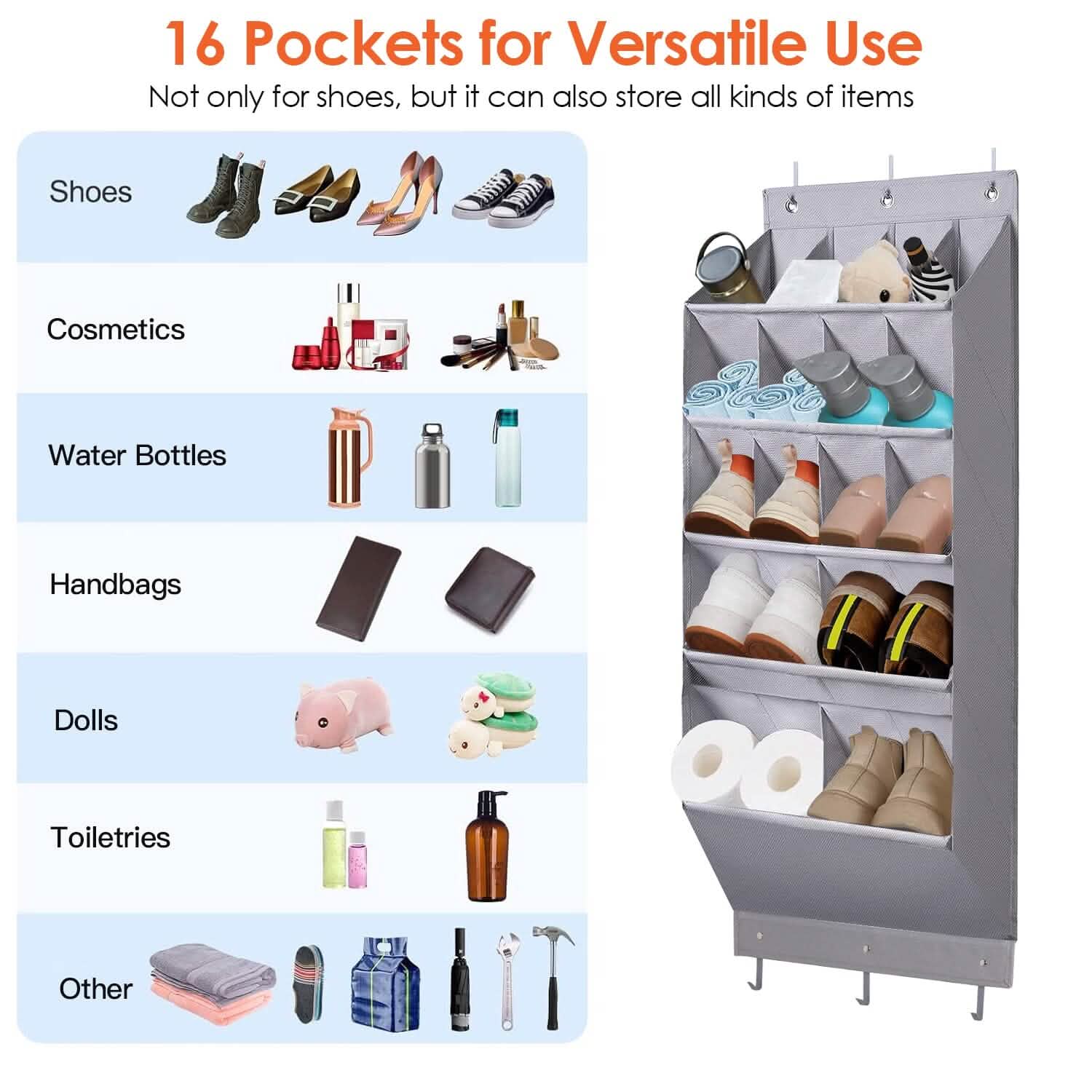 Over-The-Door Shoe Organizer – 16 Pockets & 6 Hooks, 5 Tiers