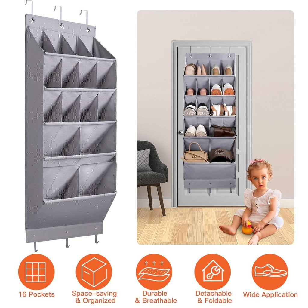 Over-The-Door Shoe Organizer – 16 Pockets & 6 Hooks, 5 Tiers
