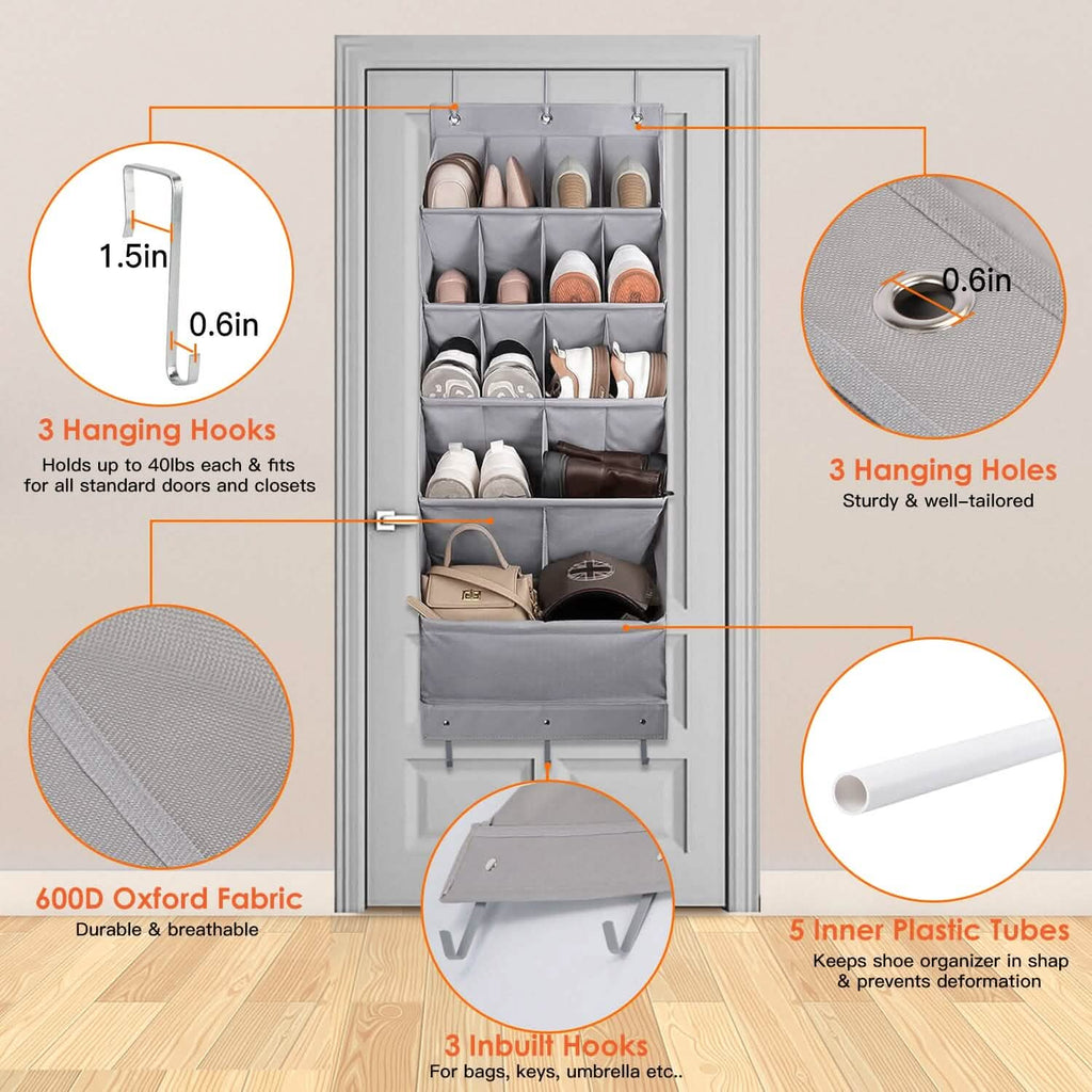 Over-The-Door Shoe Organizer – 16 Pockets & 6 Hooks, 5 Tiers