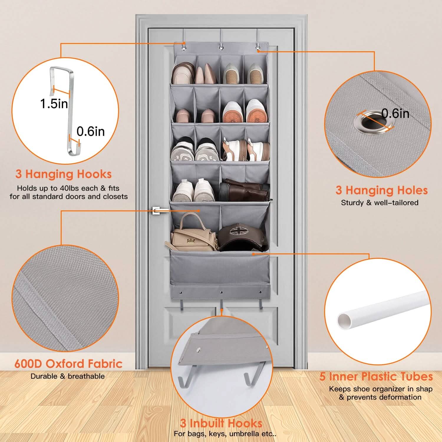 Over-The-Door Shoe Organizer – 16 Pockets & 6 Hooks, 5 Tiers