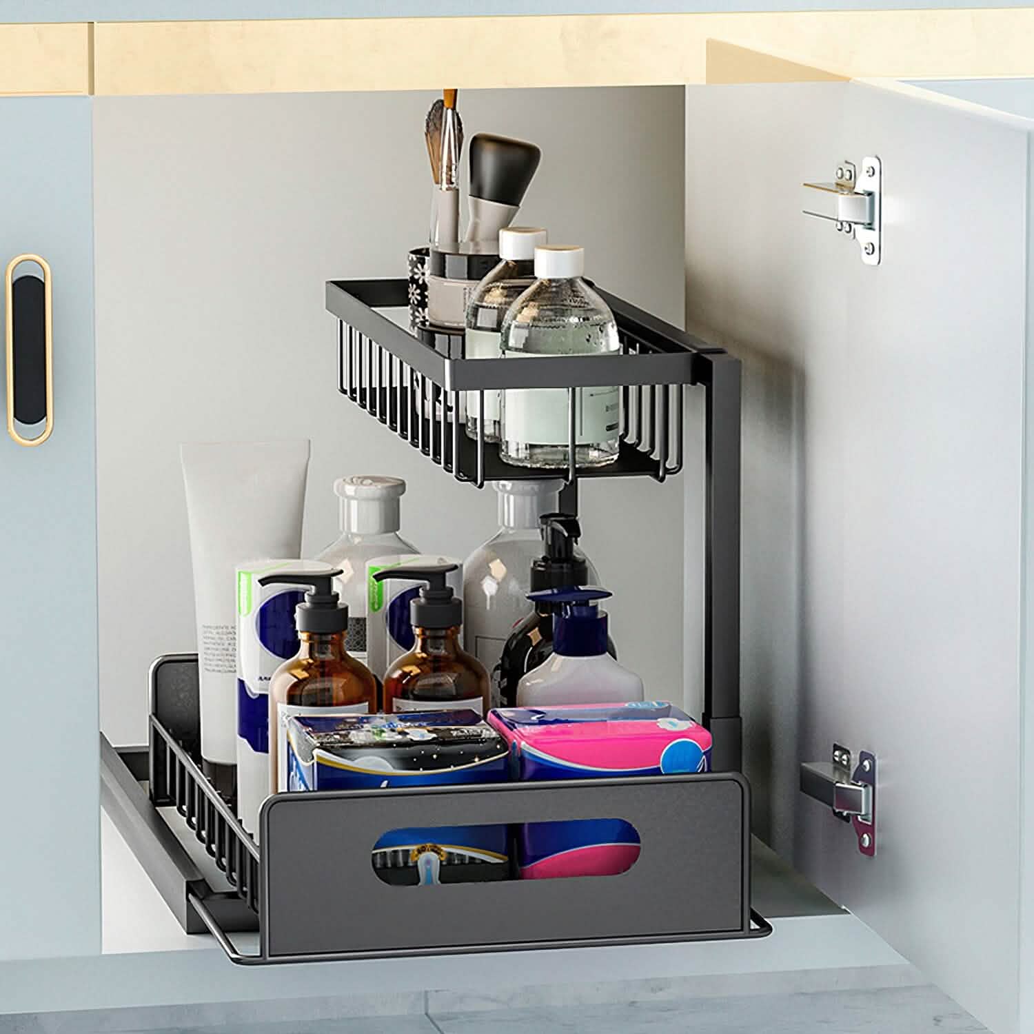 2-Tier Under Sink Organizer with Pull-Out Baskets – Adjustable Shelves