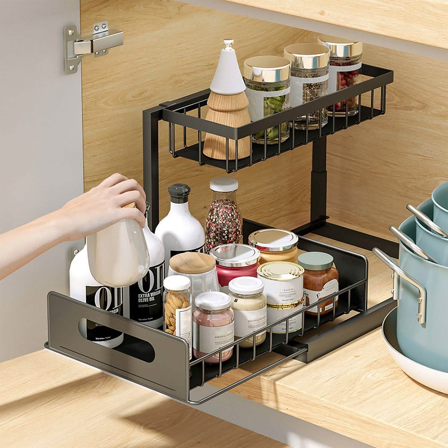 2-Tier Under Sink Organizer with Pull-Out Baskets – Adjustable Shelves